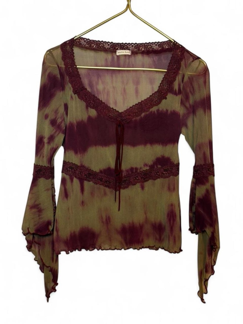 Honey Punch Olive and Burgundy Sheer Tie-Front Blouse